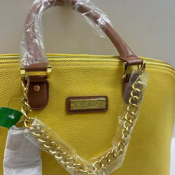 Joy & Iman Satchel Dome Handbag Faux Leather Yellow and Tan - NWT - Picture 10 of 15